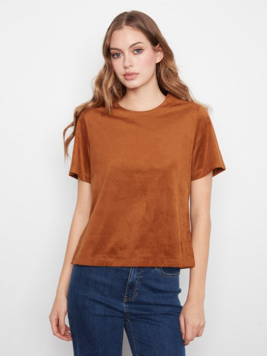 Faux Suede Short Sleeve Top Caramel