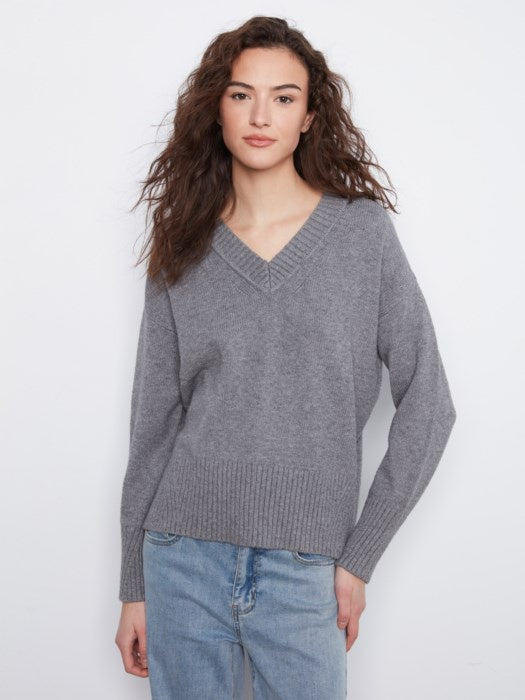V-Neck Knit Sweater, Grey