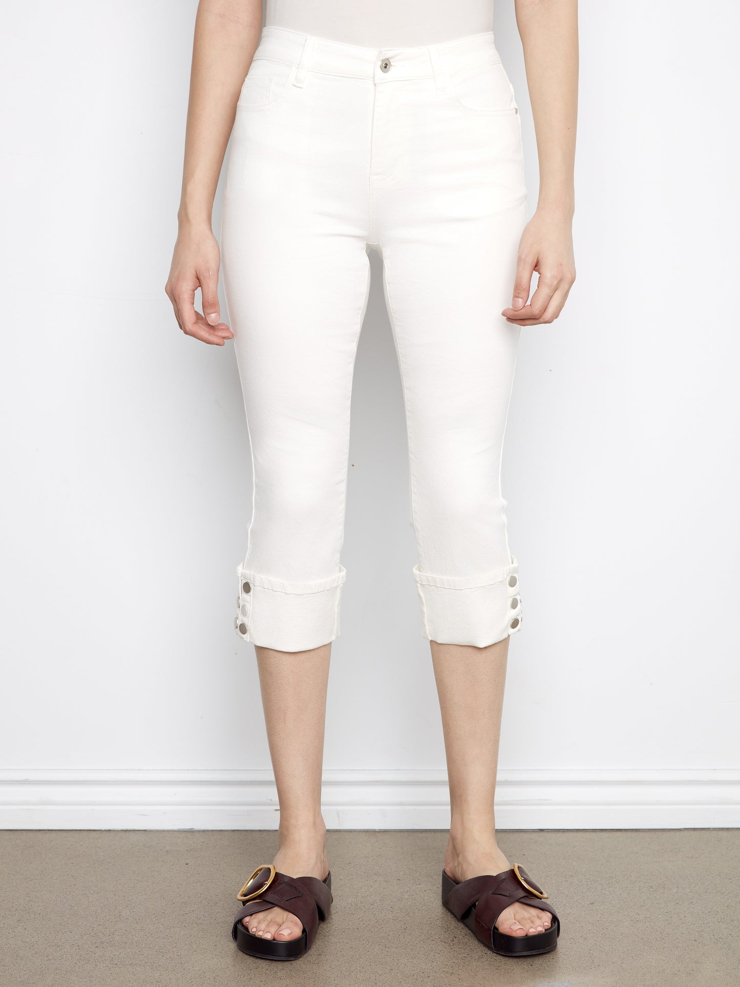 Cropped Twill Jeans With Snap Button Cuff