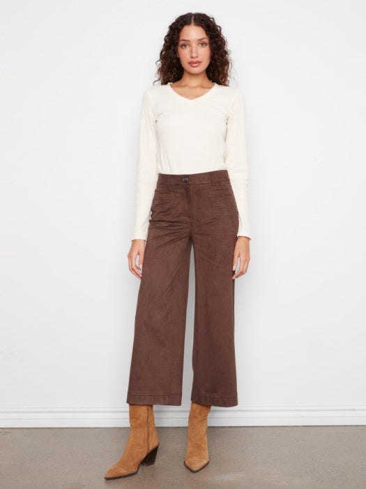 Faux Suede Cropped Wide Leg, Coffee