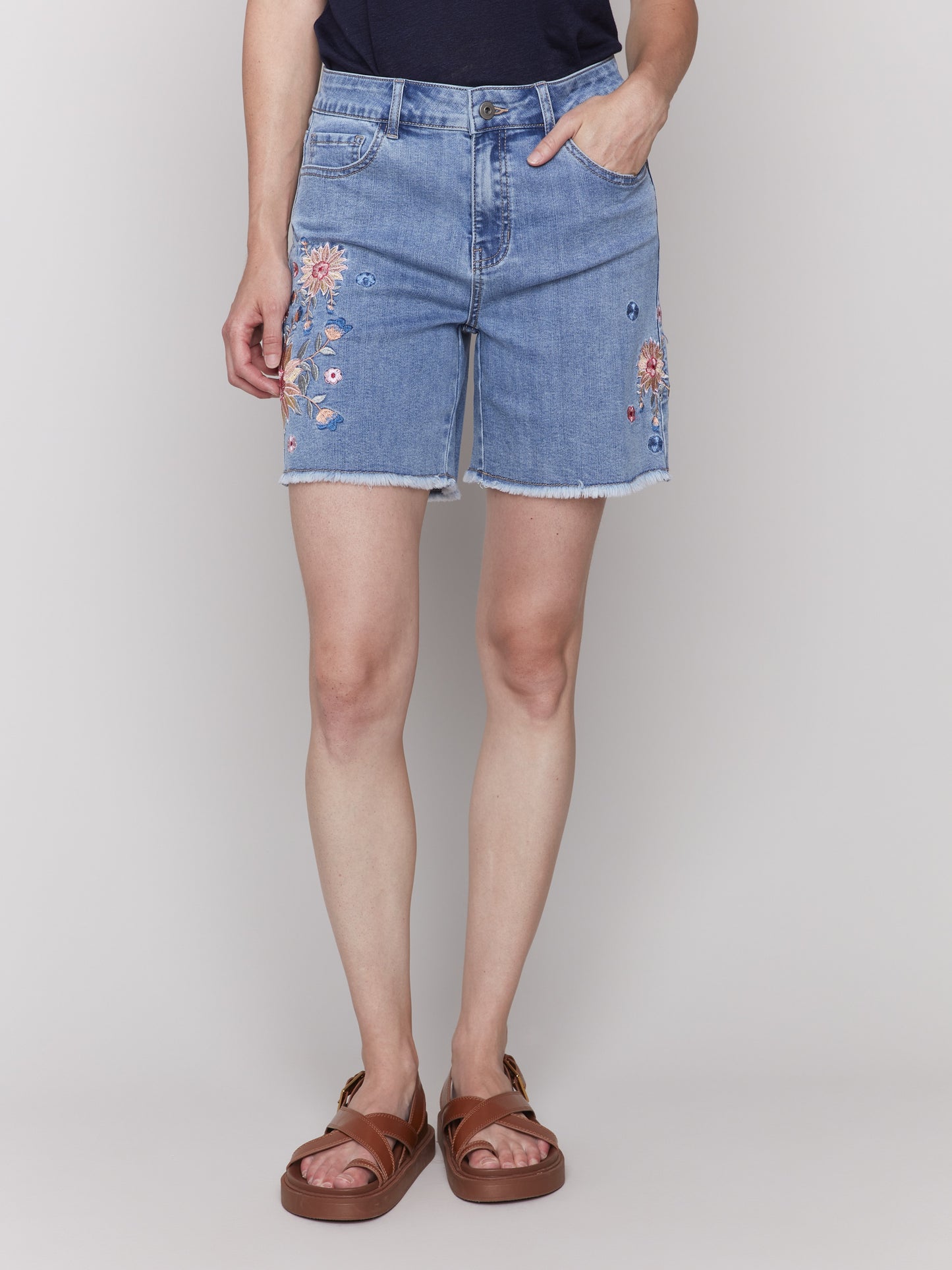 Embroidered Fringed Hem Short