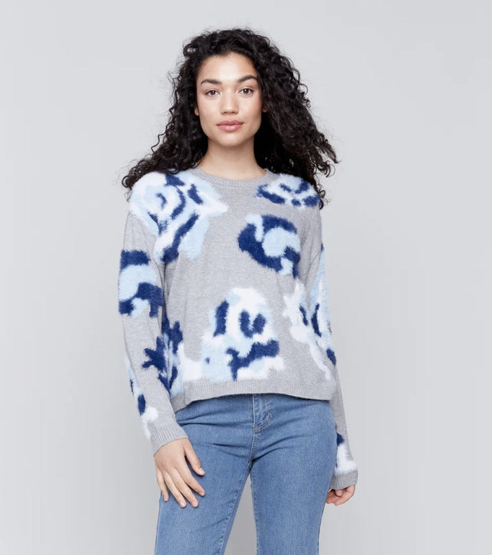 Grey Floral Jacquard Drop-Shoulder Sweater