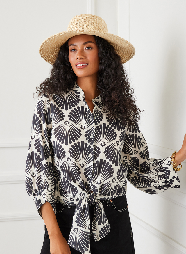 Blouson Sleeve Tie Front Top