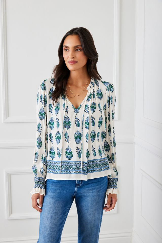 Border Print Peasant Top