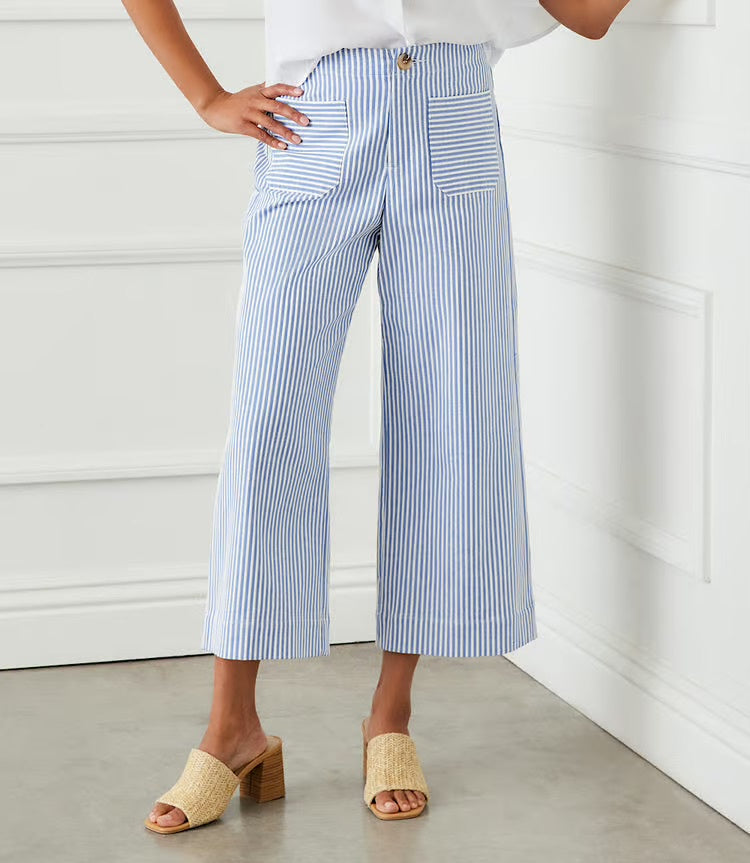 Cropped Wide Leg Blue Pinstripe Pants