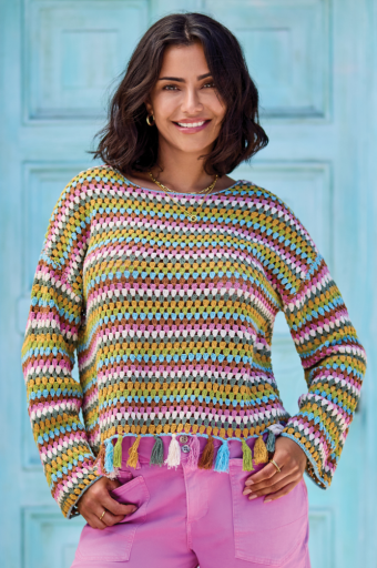 LONG BELL SLV SWEATER W/TASSELS TRIM-AQUA SKY