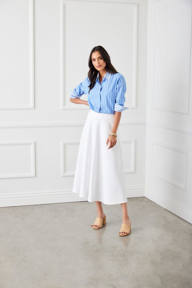 Ruched Sleeve Blue/White Shirt