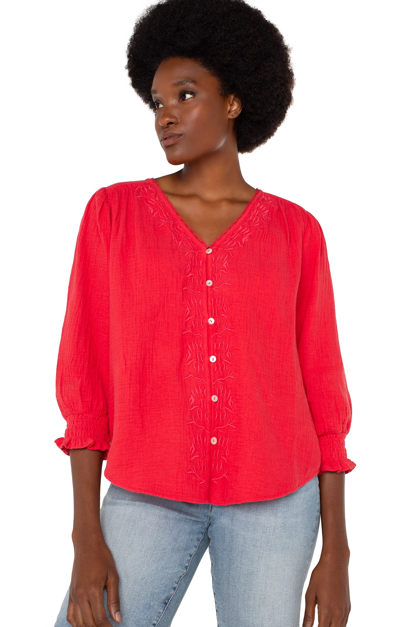 3/4 Sleeve Embroidered Woven Blouse