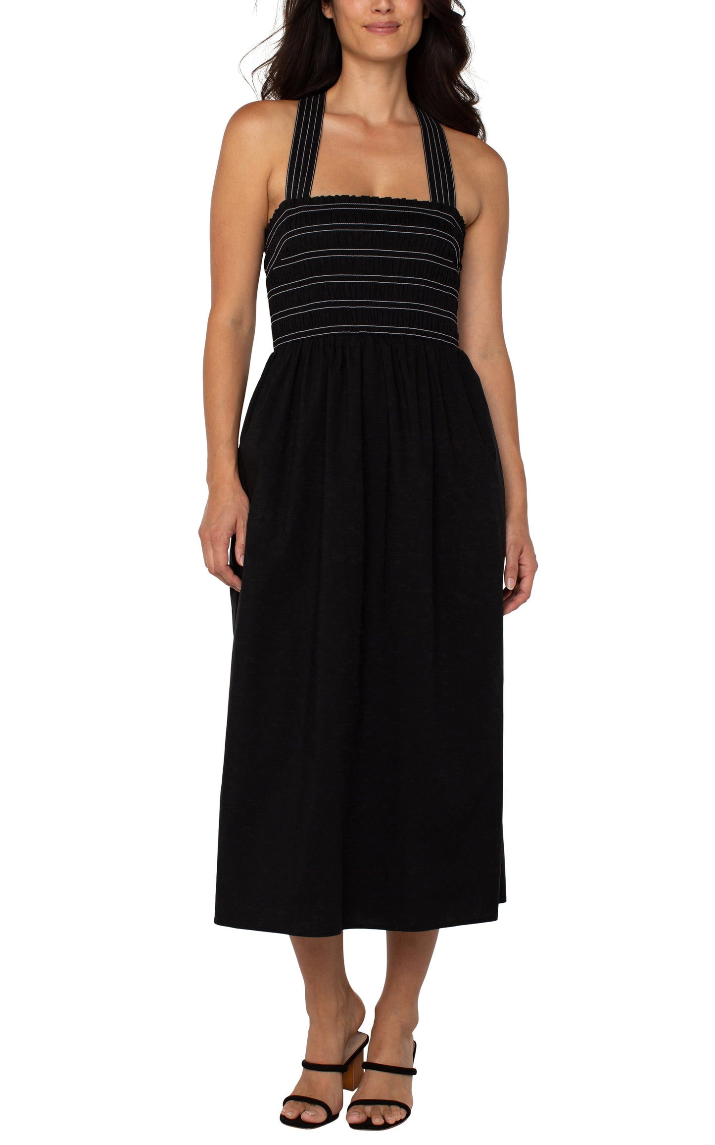 Sale! Sleeveless Smocked Woven Midi Dress w/Trapunt