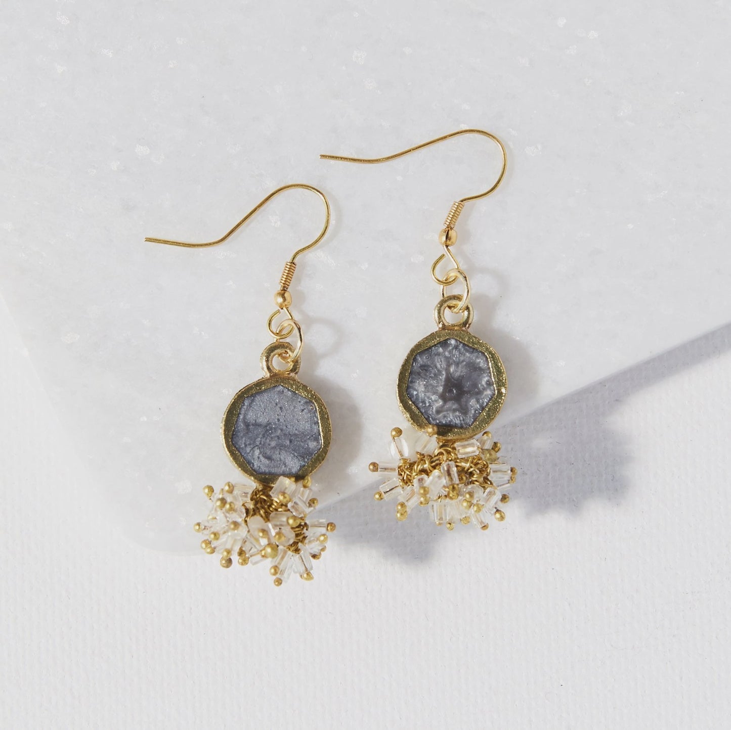 GREY GLASS BRASS SINGLE STONE DROP EARRINGS