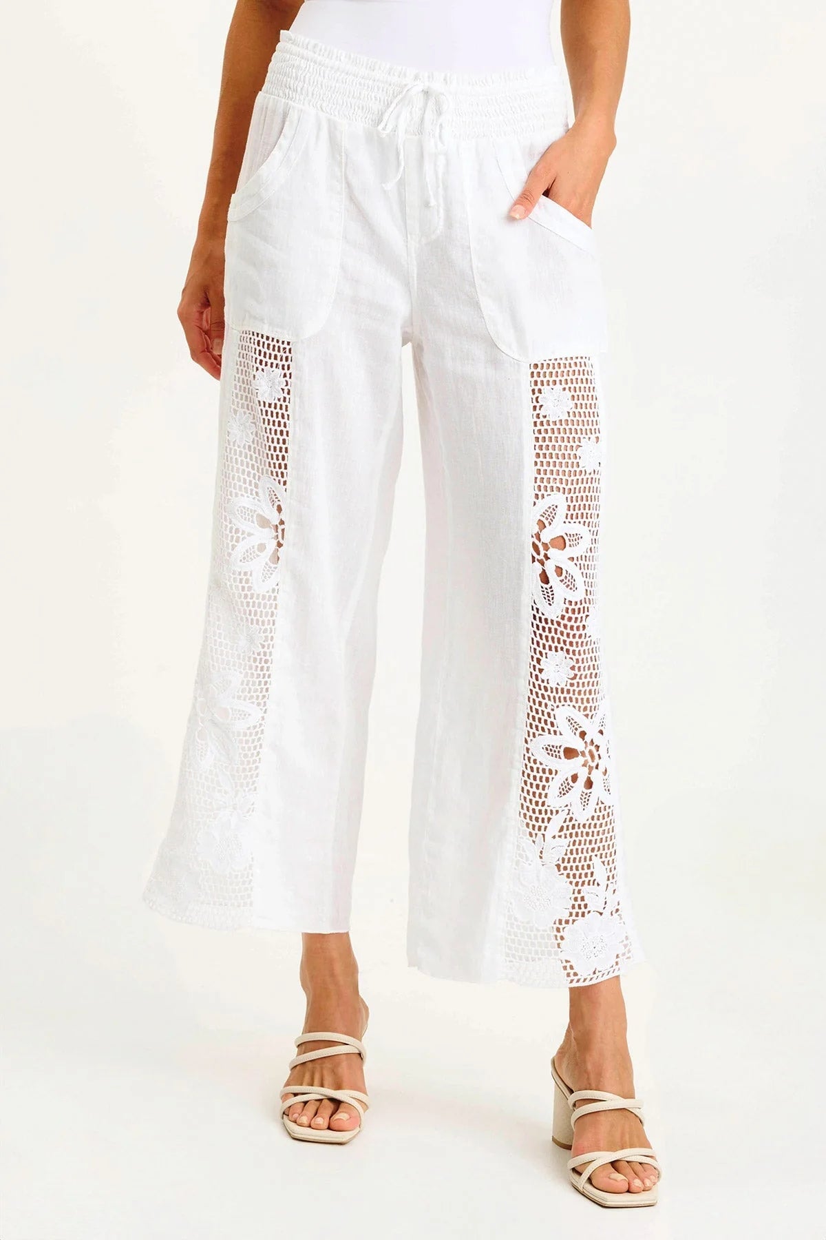 ROKEL LINEN/CROCHET RUCHED WIDE LEG PANT