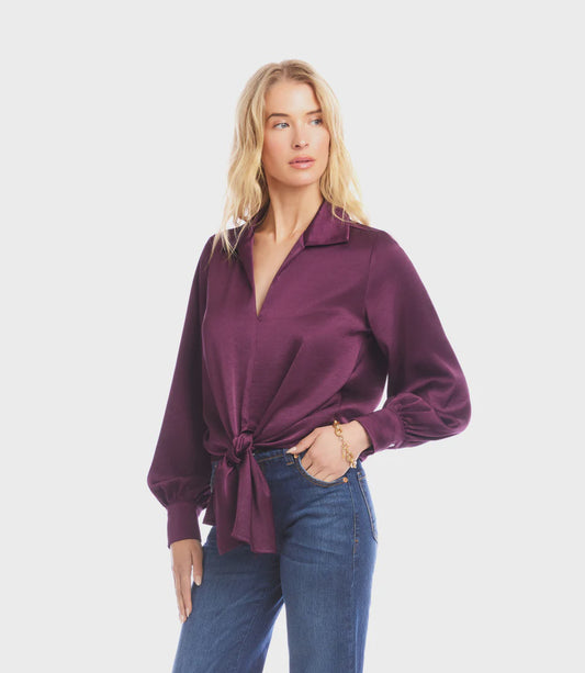 Satin Tie Front Top - Eggplant