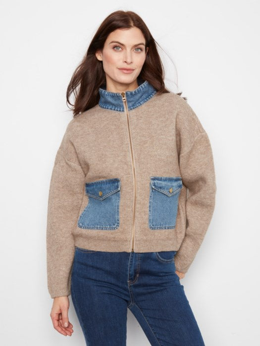 Denim Detail Sweater Jacket, Sand