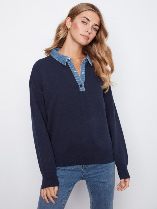 Denim Trim Polo Sweater
