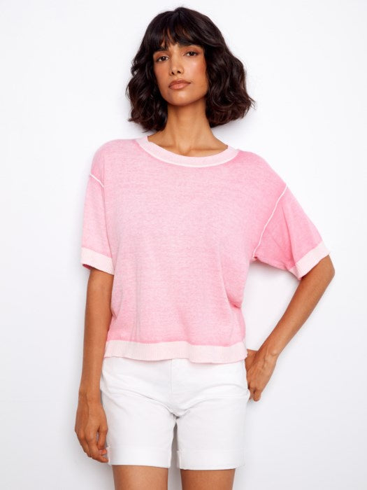 Reverse Print Short Sleeve Crew Neck Sweater