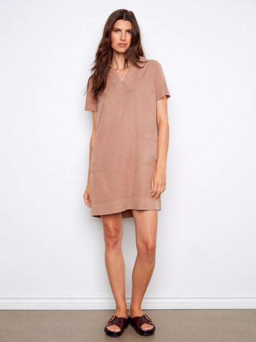 Collared V-Neck Tencel Mini Dress
