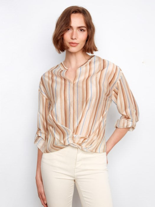 Striped Tencel Blouse With Front Twist