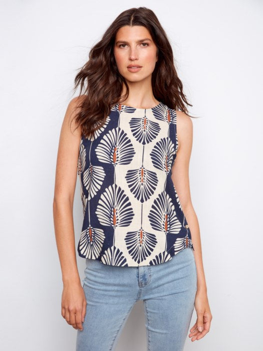 Printed Sleeveless Linen Blend Blouse