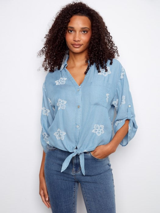 Embroidered Tencel Blouse With Front Tie