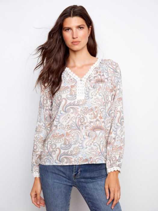 Printed Linen Blend Raglan Blouse with Crochet Trim