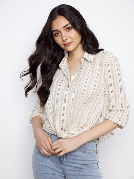 Striped Cotton-Linen Blend Shirt With Front Twist