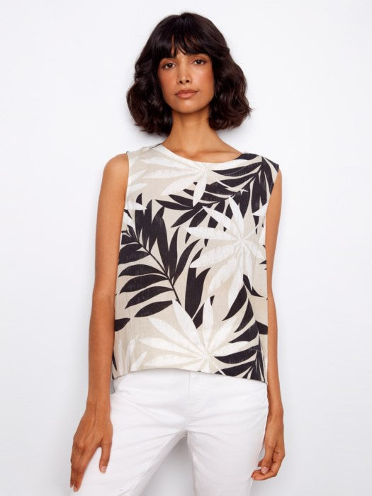 Printed Linen Blend Blouse With Back Button Detail