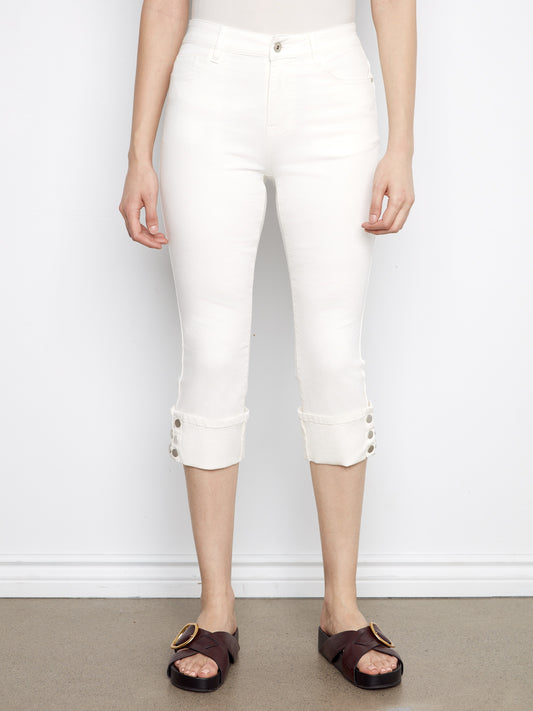 Cropped Twill Jeans With Snap Button Cuff