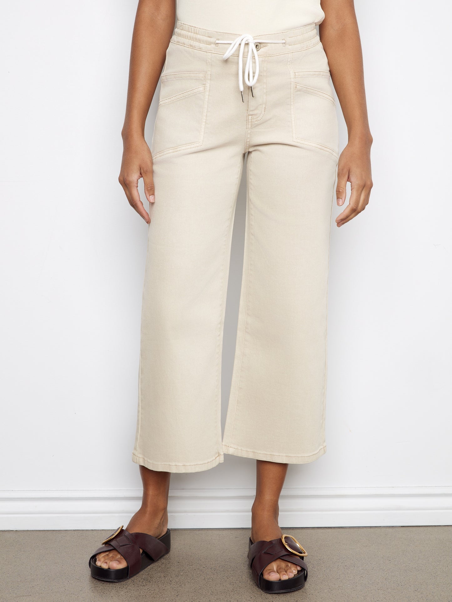 Remarks Drawstring Wide Leg Twill Pants