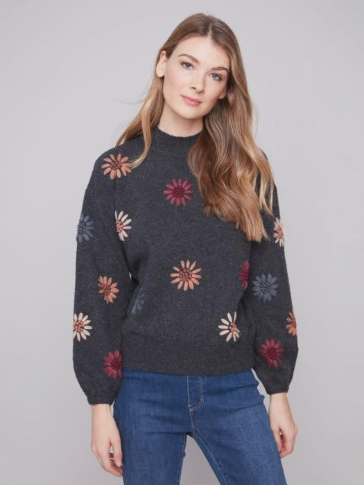 Mock Neck Sweater With Floral Embroidery