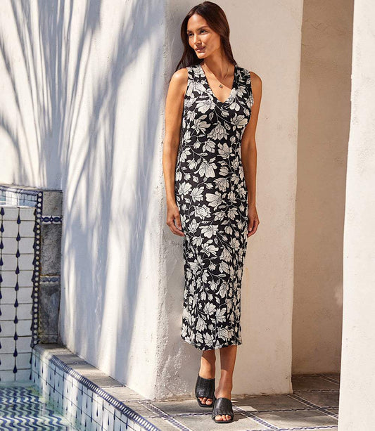 Sleeveless V Neck Black Floral Midi Dress