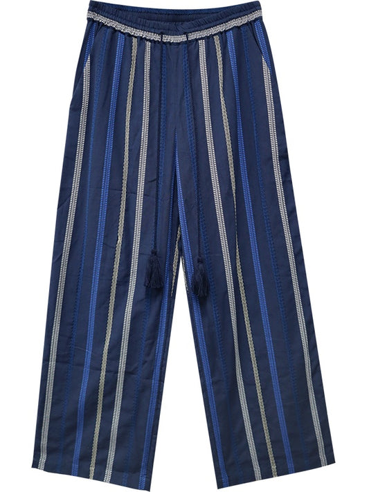Embroidered Drawstring Multi-Stripe Pants