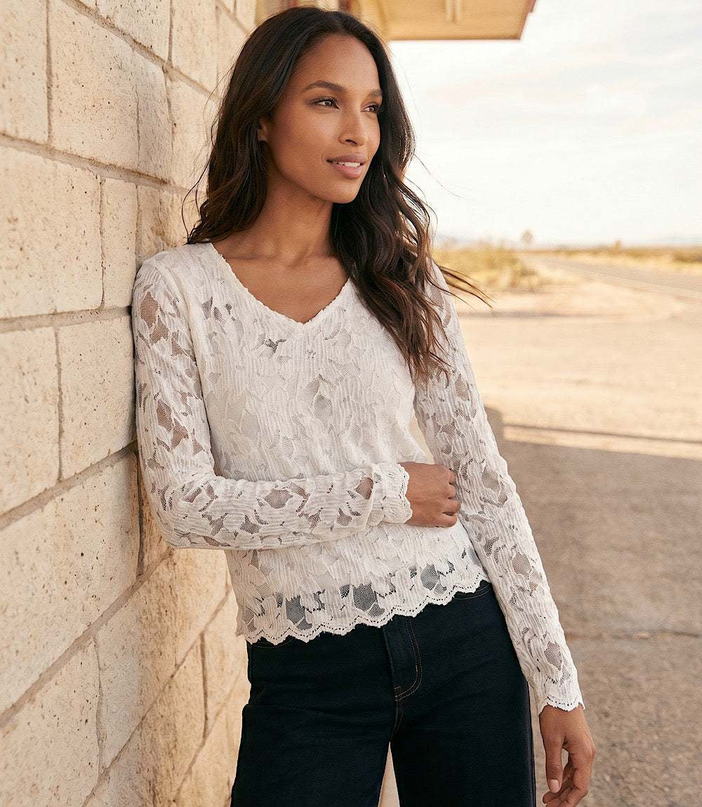 Floral Burnout V-Neck, Cream