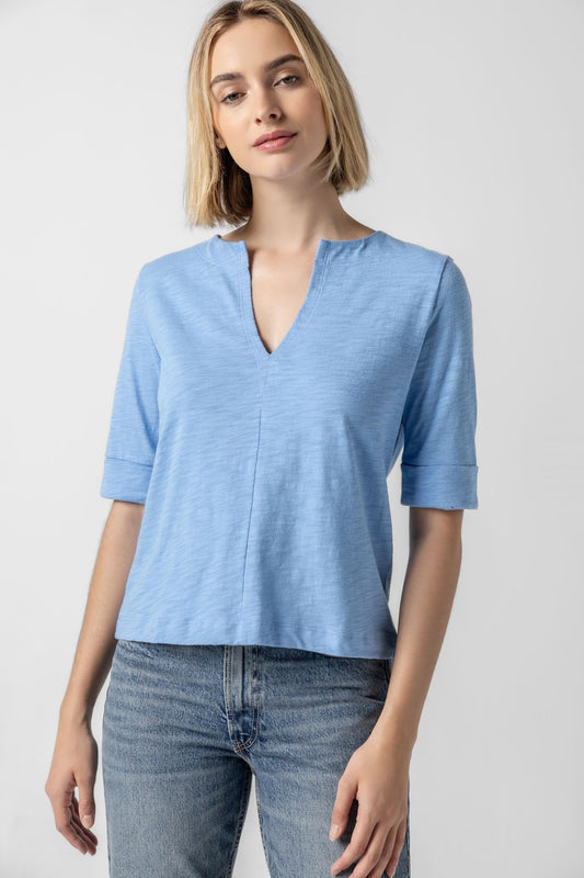 Cuffed Sleeve Split Neck Top