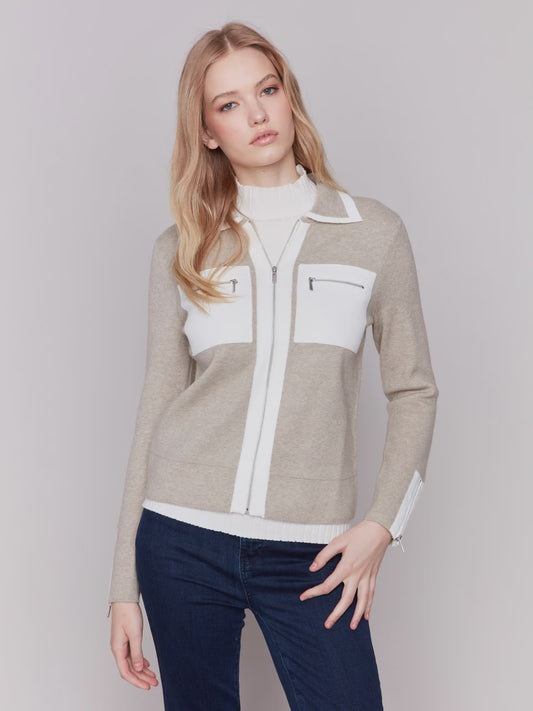 Almond Color Contrast Sweater Jacket