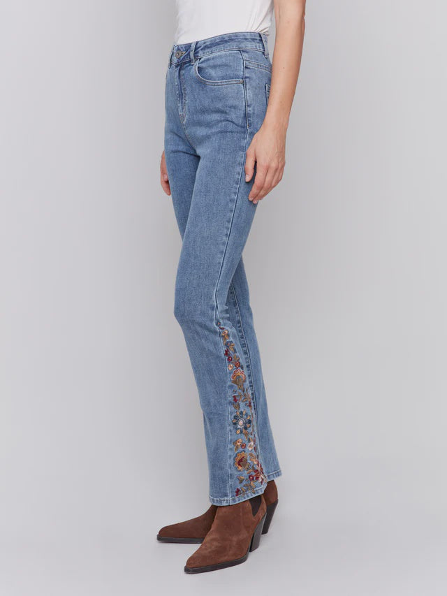 Blue Embroidered Bootcut Pant