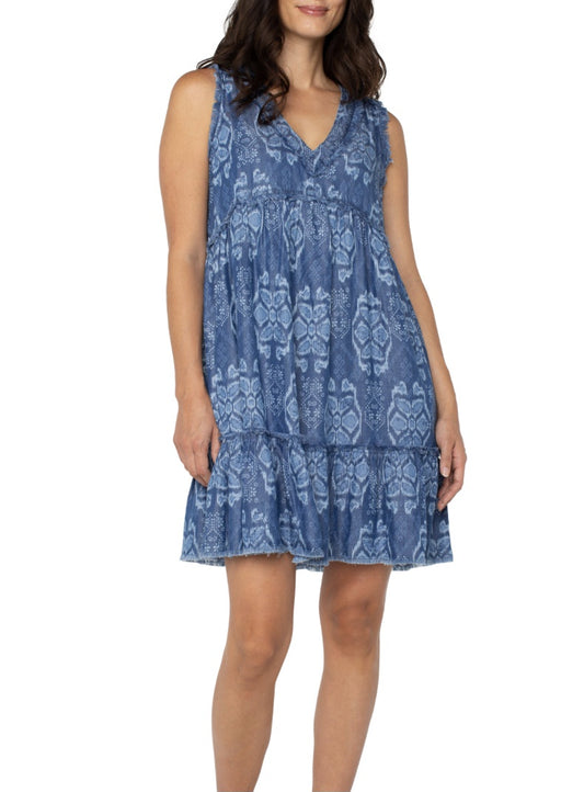 Easy V Neck Ruffle Fray Dress