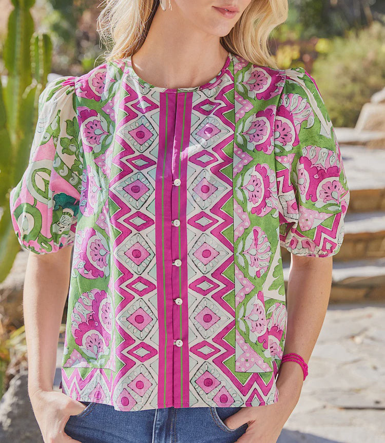 Puff Sleeve Button Front Shirt Garden Print