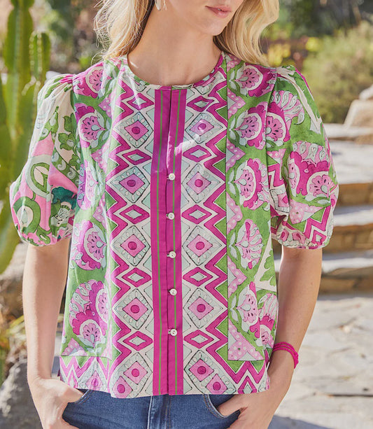 Puff Sleeve Button Front Shirt Garden Print