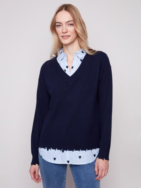 V-Neck Sweater w/Embroidered Collar