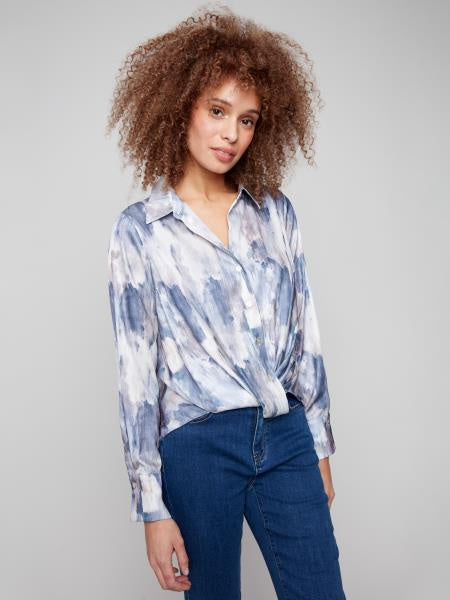 Printed Satin Button-Down Shirt w/Twisted Front