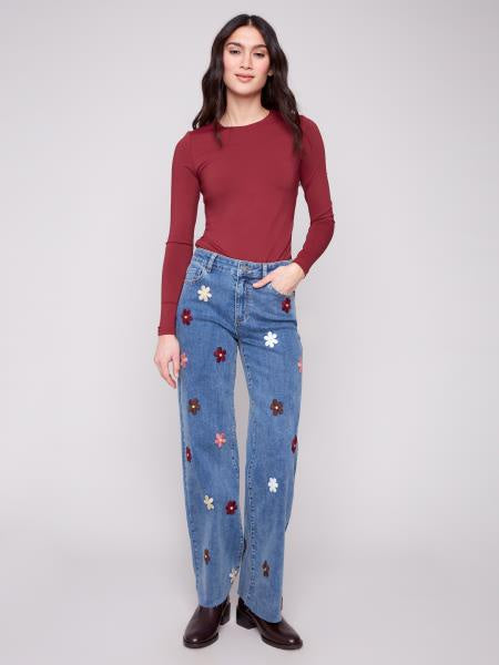 Wide Leg Jeans w/ Flower Patches