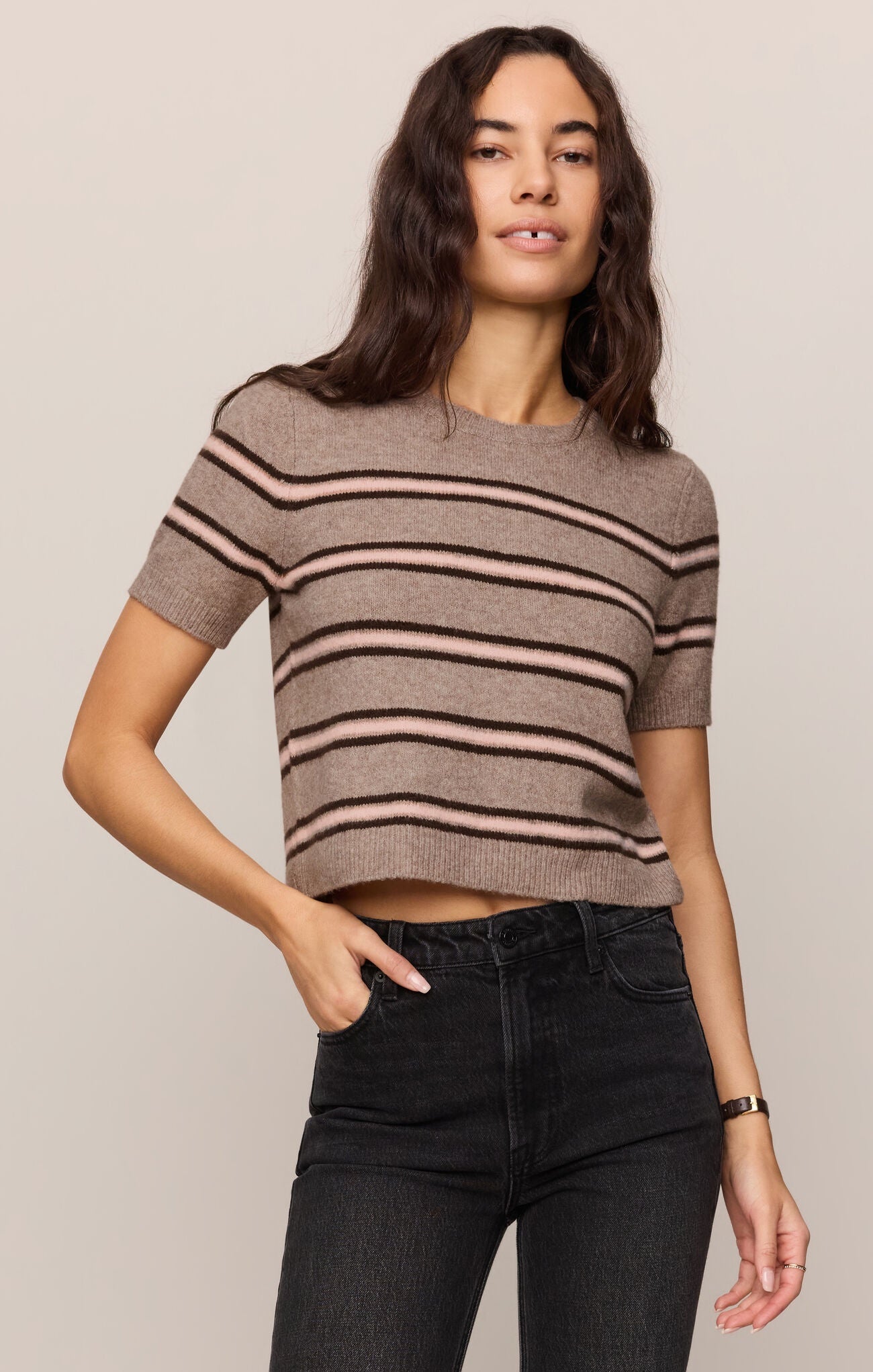 Gatewood Stripe Sweater Tee, Heather Ash