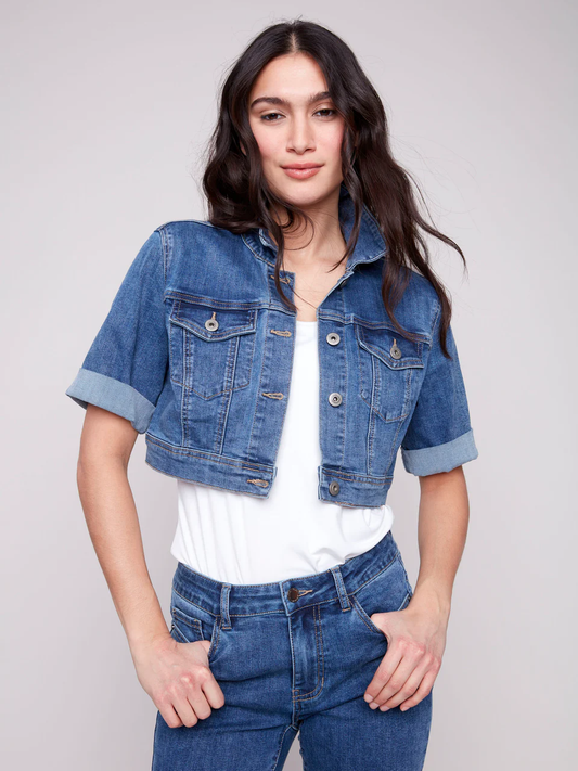 Cropped Jean Jacket With Short Sleeve  - Two  Colors!