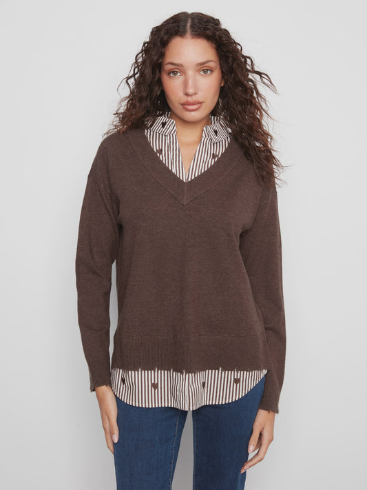 V-Neck Sweater Collar Heather Coffee