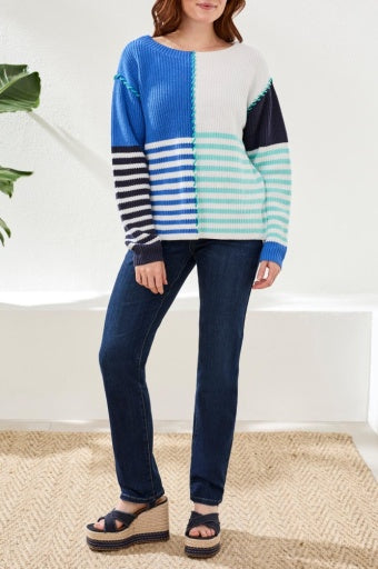 MULTI STRIPE TEXTURED BOAT NECK SWEATER-SEASHORE