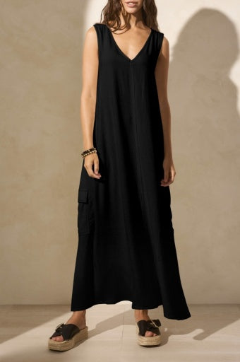 SLVLESS V NECK CARGO DRESS-BLACK