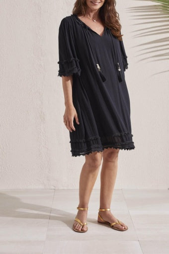 LINED FLOWY DRESS WITH TRIM DETAILS-BLACK