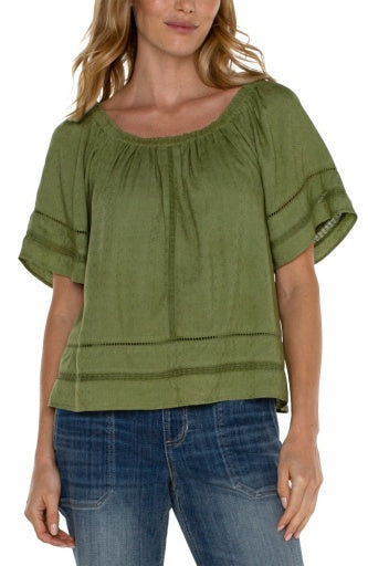 cropped bell slv woven top w/ lace trim