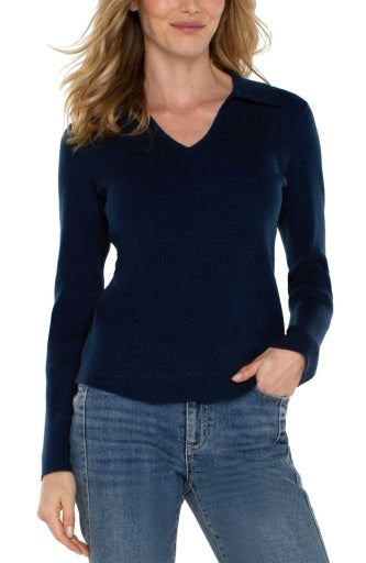 long sleeve v neck collared sweater