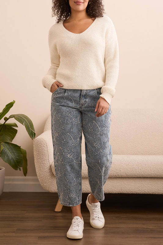 Drop Shoulder V-Neck Sweater - Cream